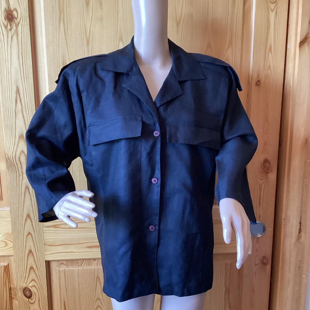 Vintage 90s Linen Linda Allard Ellen Tracy Button Black Top Shirt Oversized 6